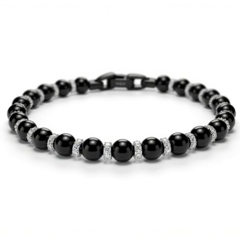 12 БРАСЛЕТ W&W BLACK ONYX PLUS PAVE UPSIDE-DOWN WHITE MOIS 22 BEADS